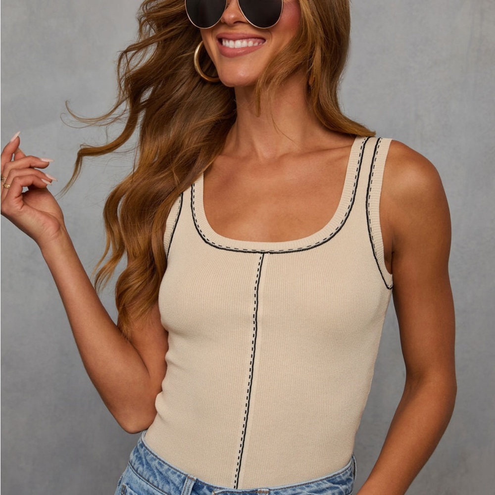 Cream Tank Top with Contrast Stitching